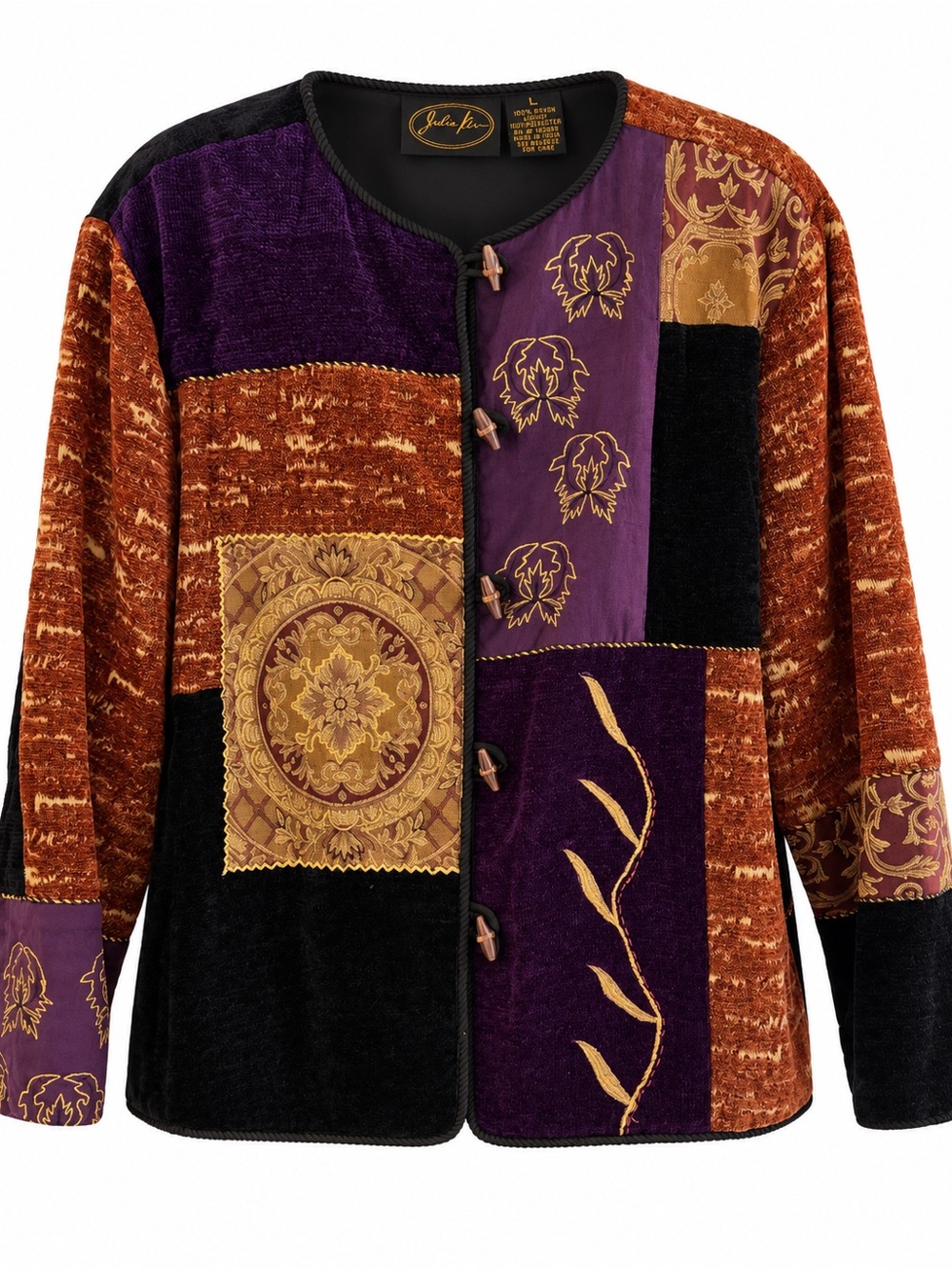 90s Vintage Julia Kim Art to Wear Patchwork Rayon Jacket Purple Rust L